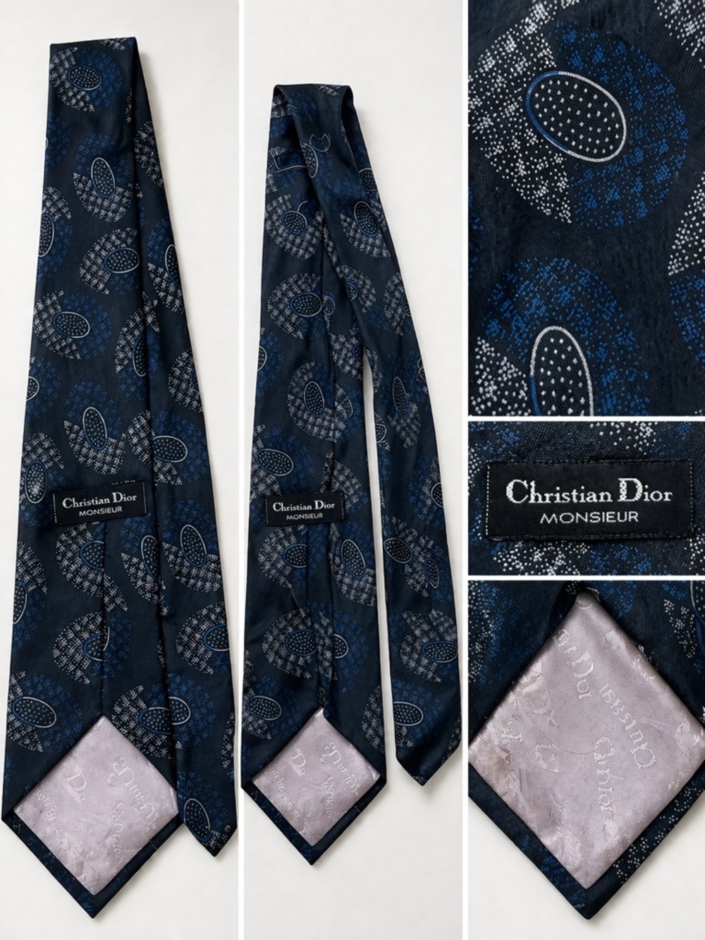 Vintage Christian Dior Monsieur Silk Tie Navy Blue Abstract Pattern